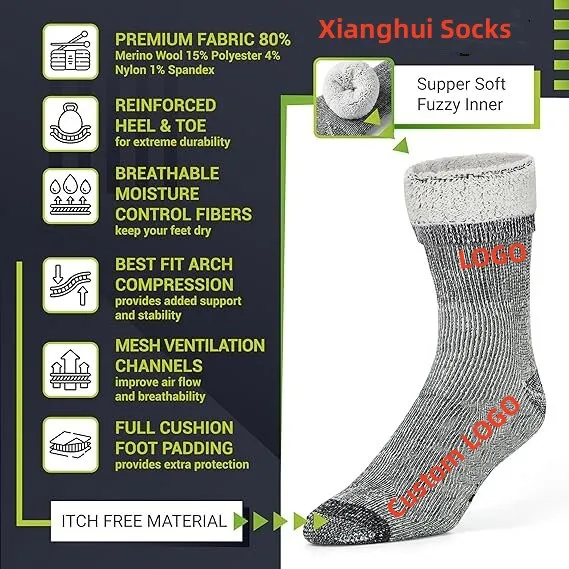 XIANGHUI Custom winter merino wool material sport cool athletic hiking and ski socks unisex size breathable cozy boot socks