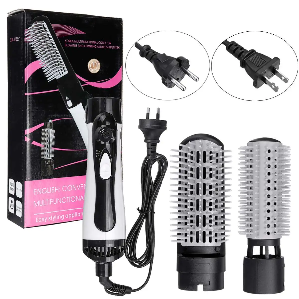 4in1 Multifunctional Hair Dryer Brush Hair Straightener Curler Comb Blow Dryer with 2Comb Hair Brush Roll US/EU/AU Plug