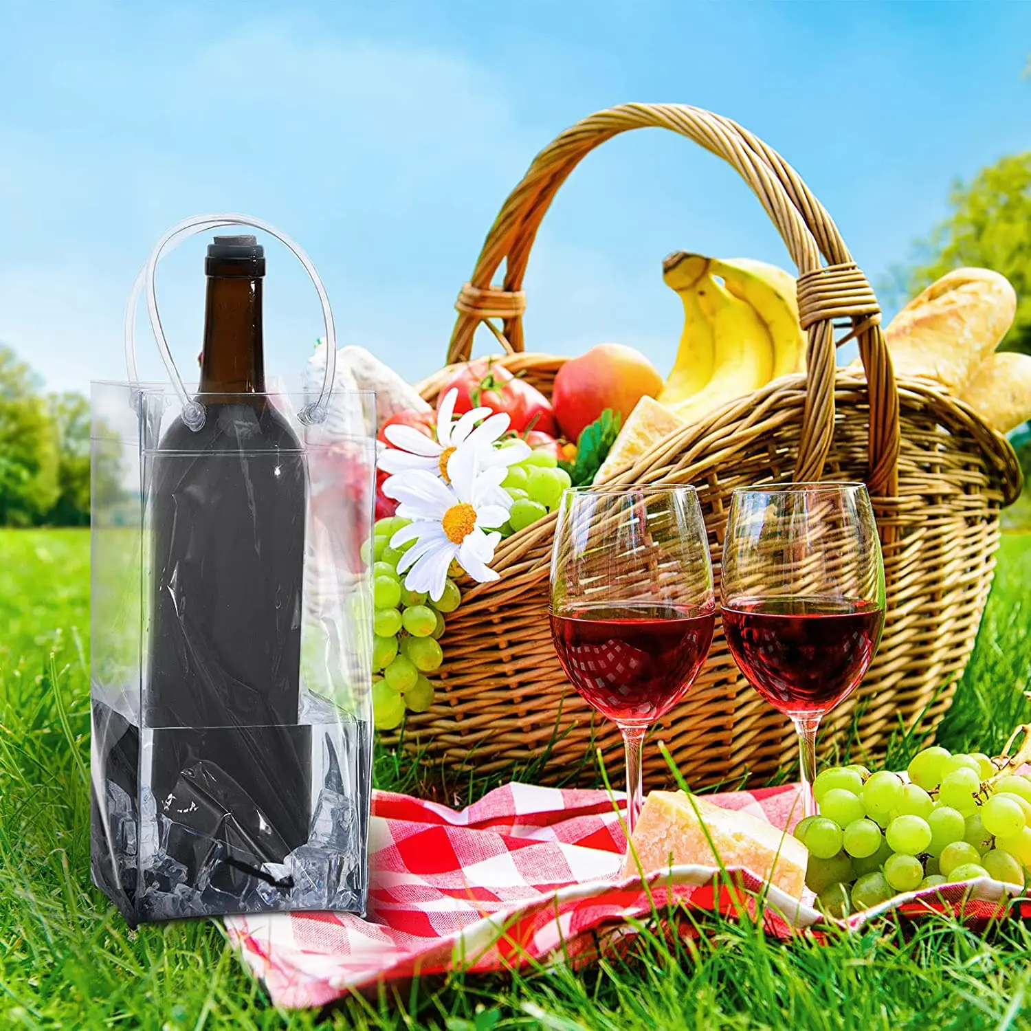 Wholesale Transparent PVC Wine Ice Bag Wine Pouch Collapsible Cooler Bag Clear Gift Bags for Champagne Beer