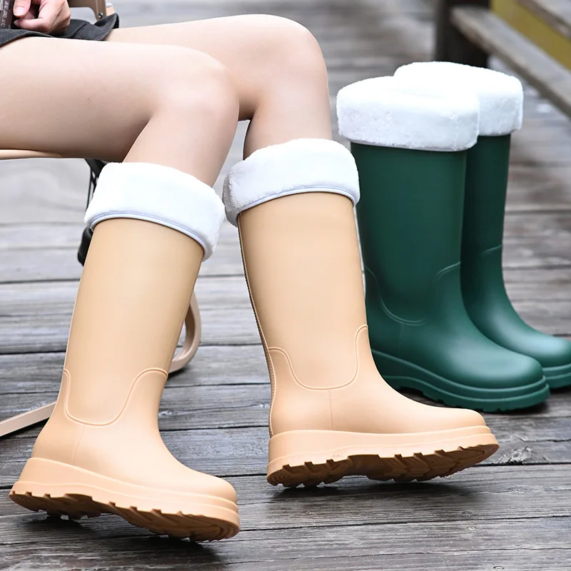 Non-Slip Fleece Removable Waterproof Water Shoes Women Ankle Rain Boots Woman Slip-on Cartoon Rainboots Wellies