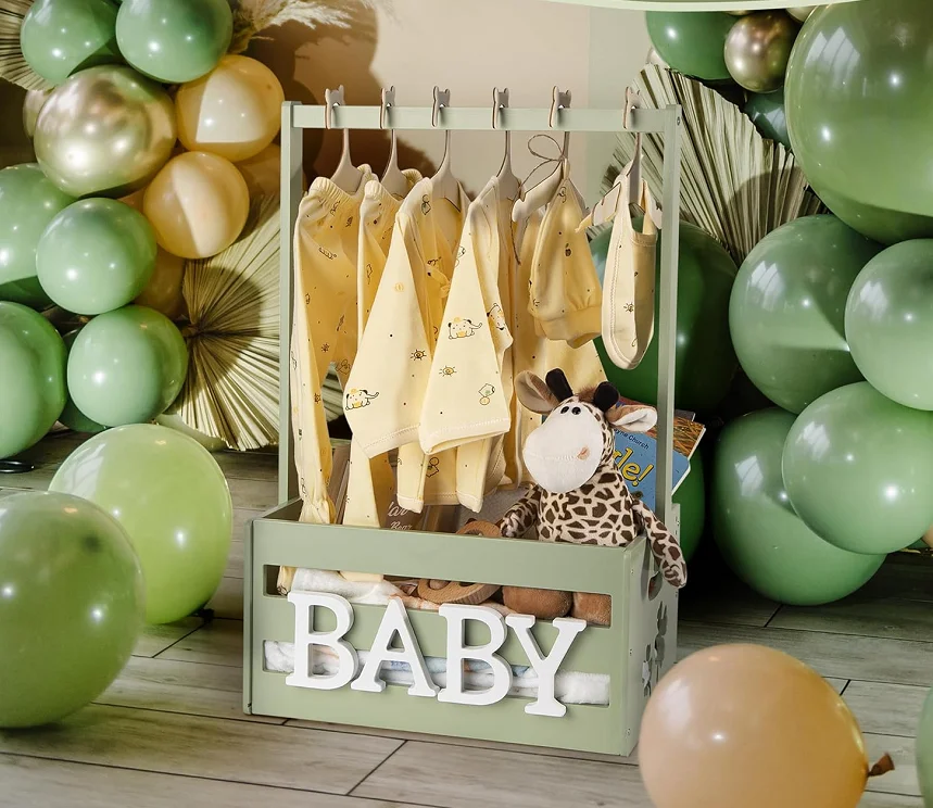 JUNJI Wooden Baby Shower Crate Closet with Handle Baby Basket Welcome Box for Newborn Boys Girls Pregnancy Gifts for New Parents