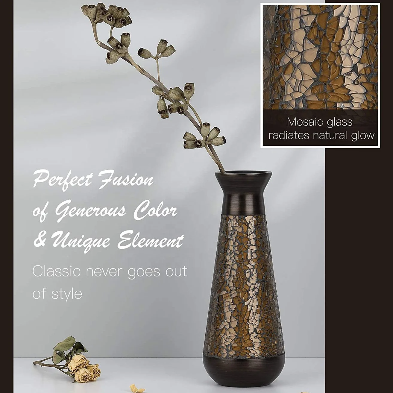 Custom Mosaic Design Decorative Vase Modern Elegant Curved Shaped Office Desktop Living Room Brown Mosaic Resin Vase Flower Vase