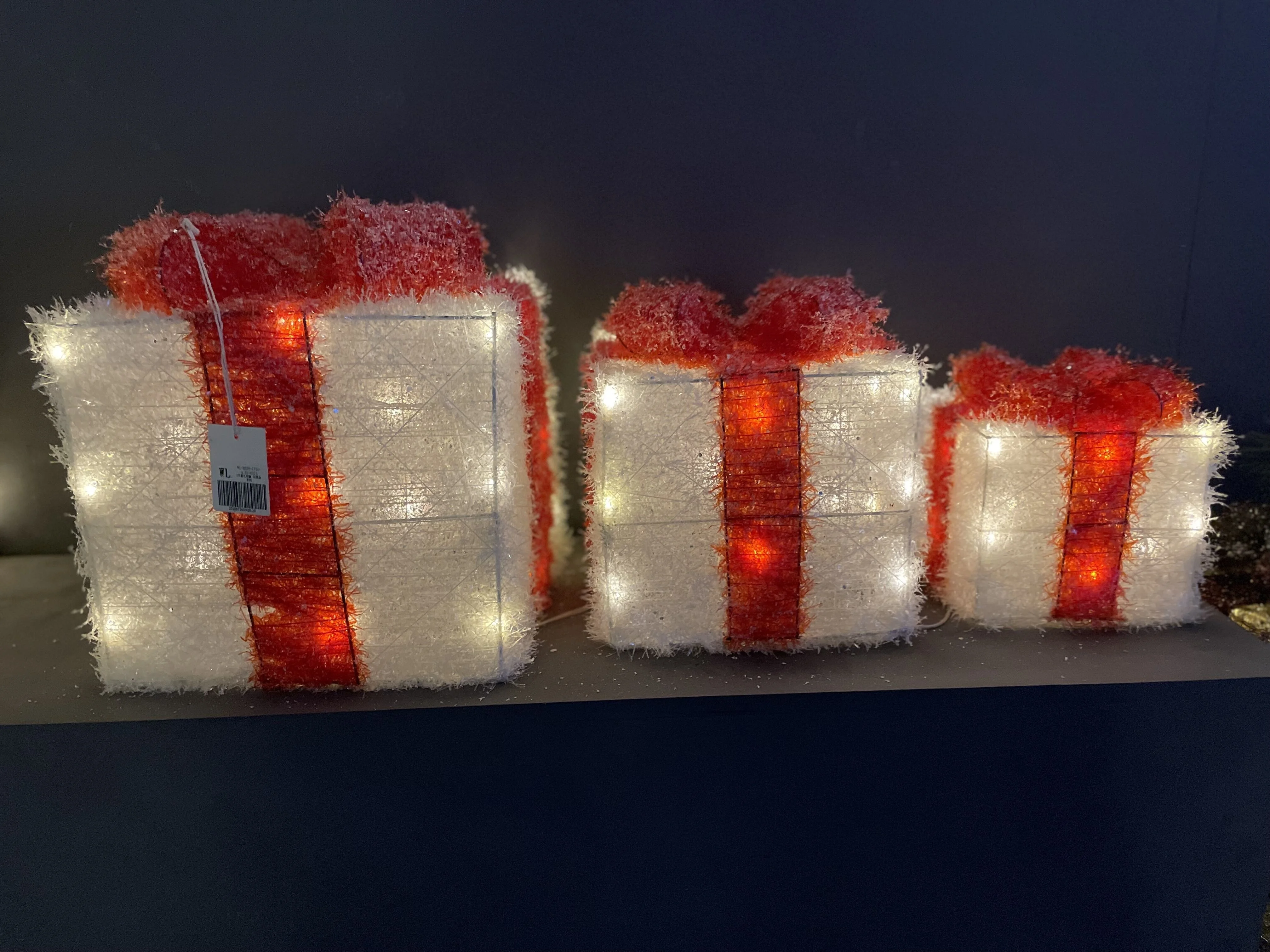 3pcs/set Square gift box wool material with brown linen burlap rope decoration bow hollow iron frame led Christmas lights