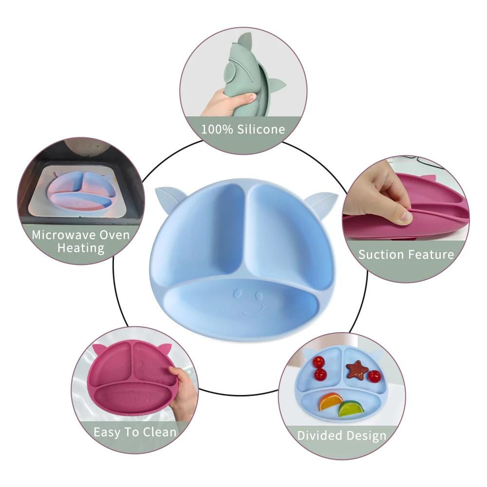 Manufacturer custom baby food grade silica gel tableware baby slip belt suction cup anti-spill feeding tableware set