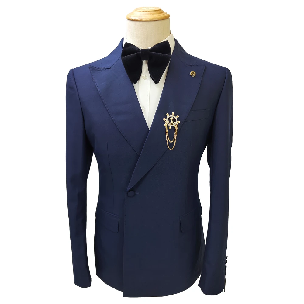 Actual 100% Party Dark Blue Slim Fit One Button Notched Two Slits Business (Jacket+pants) Cheap Men Wedding Suits MS520