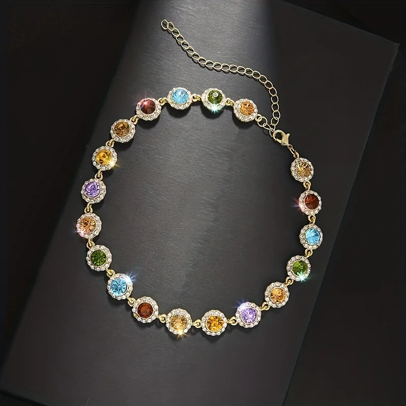 Bridal Wedding Multi-colored Gemstone Choker Necklace 18K Gold Plated Brass Vintage Women Jewelry Heavy Chunky CZ Gem Girl Chain