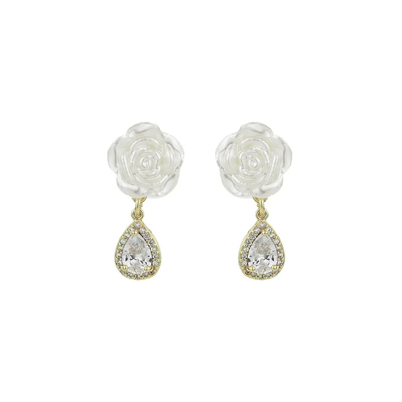 Wholesale Exquisite Earrings S925 Silver Needle Waterdrop Crystal Camellia Shaped Pendant Earrings for Girls