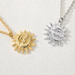 Bohemian Moon and Sun Face Pendant Necklace Golden Minimalist Jewelry Vintage Portrait Coin Collier Collares Friendship Gift