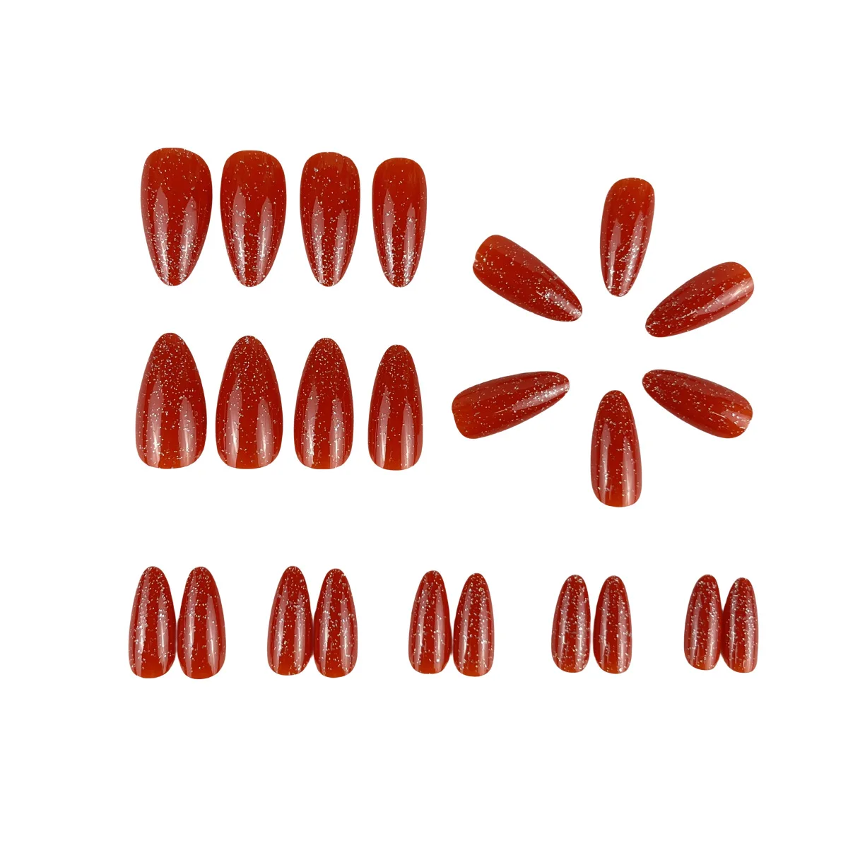 Medium Length Sparkling Glitter Red  Almond Shaped Press On Nails 24PCS Wholesale