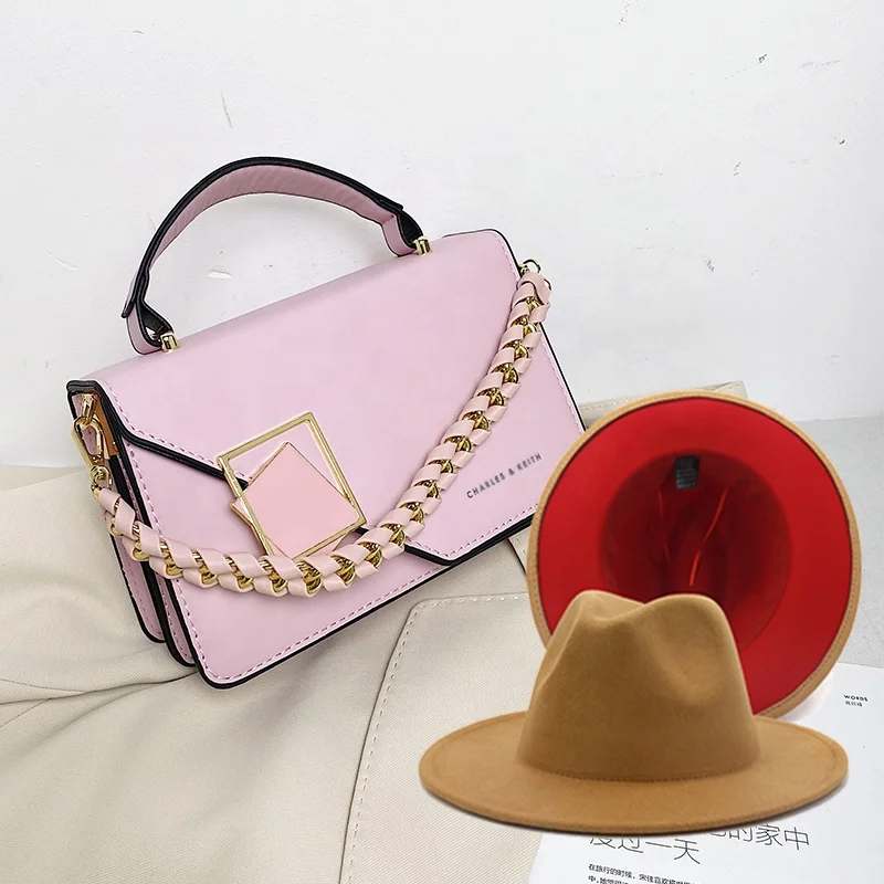 wholesale 2022 fashion matching fedora hats and bags set for ladies hand bags women shoulder sling purse luxury lock handbag