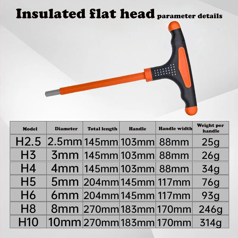 T-type insulated hexagon wrench flat head ball head three-color non-slip handle extension rod electrician hexagon screwdriver
