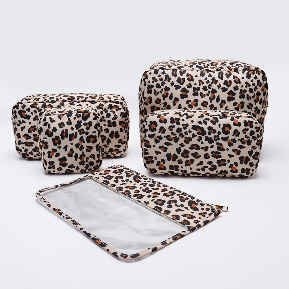 Women Leopard Print Nylon Cosmetic Bags Cheetah Pattern Waterproof Clear Toiletry Cosmetic Pouches Ladies Makeup Travel Bag