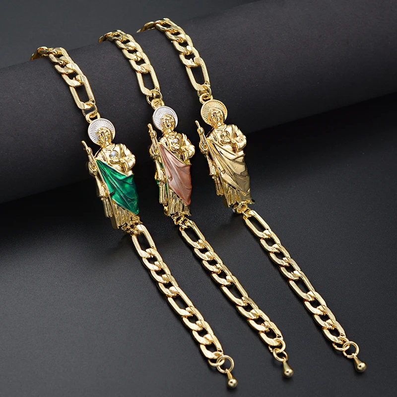 High Quality 14k Oro Laminado San Judas Bracelet for Men and Women Punk Unique Tadeo Bracelet Religious White Gold Jewelry