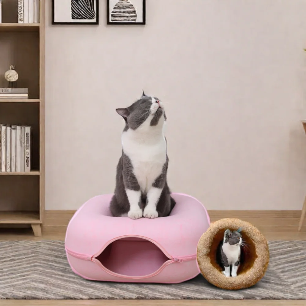 Hot Sale Ventilated Removable Cat Tunnel Semi Enclosed Donut Cute Felt Cat Bed