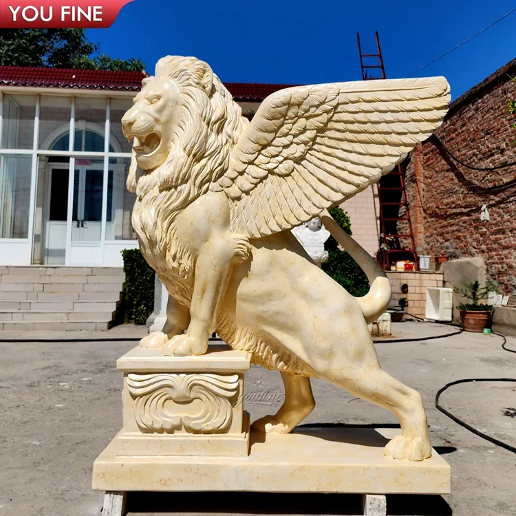 Outdoor Decor Beige Natural Marble Lion Wings Sculpture