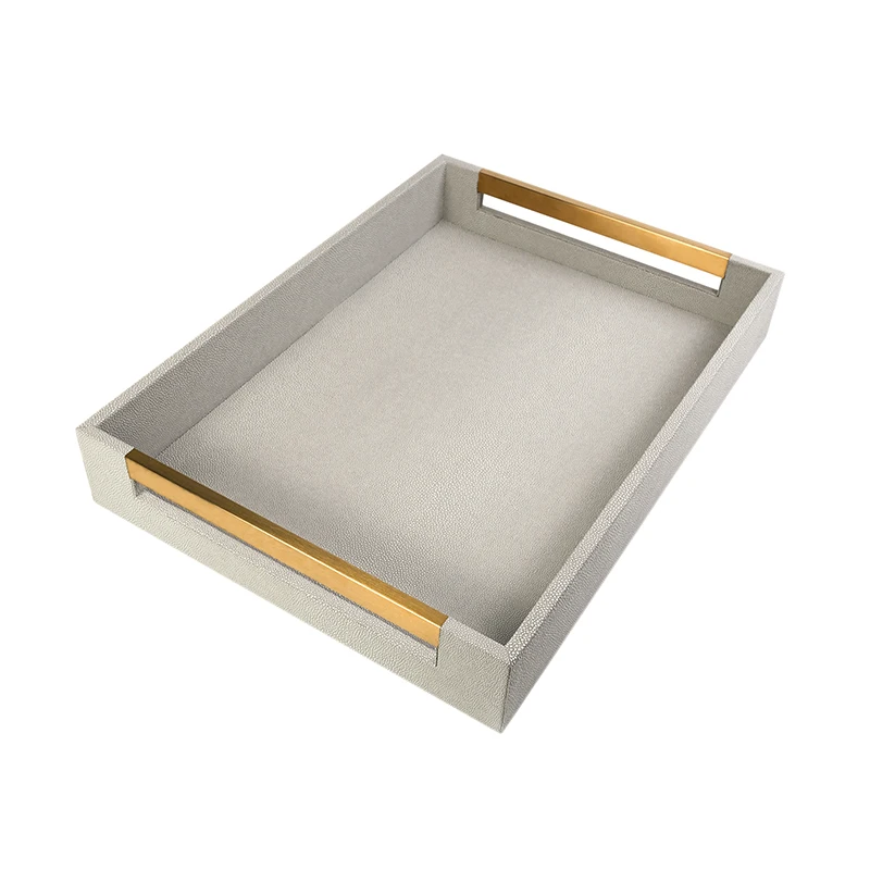 Rolling Tray Metal Handle Accessories Faux Leather Wholesales Hot Sale Custom Shagreen PU Cookies Food Serving Tray Gold Support With SABER Certificate