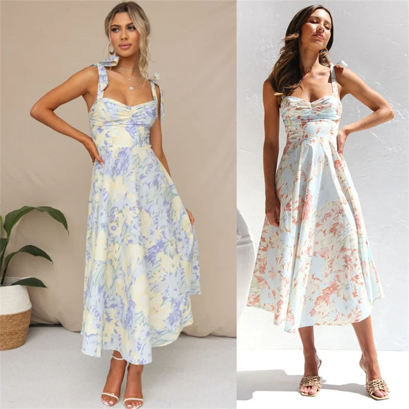 New arrival elegant casual slip dress back out maxi pretty floral dresses women flower clothing
