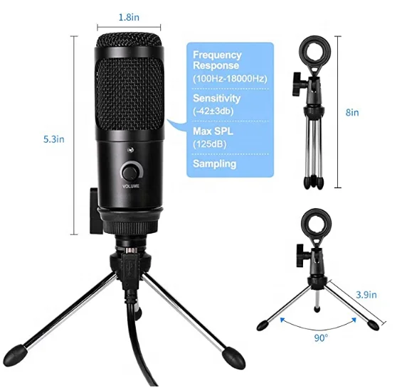  Конденсаторный USB-микрофон для студийной записи со штативом и подставкой компьютерных трансляций игр