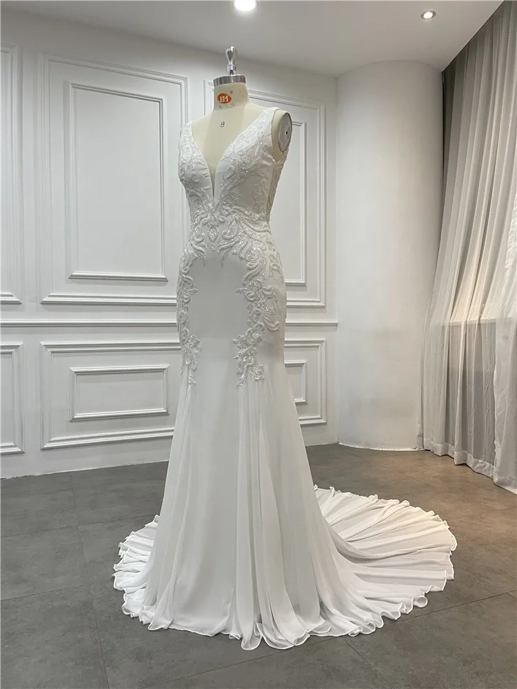 Women Mermaid Sleeveless Chiffon Lace Beaded Plunging V Neck Real Wedding Dress