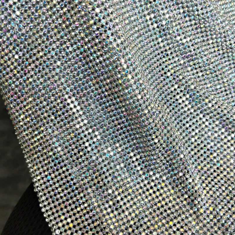 2MM Fashion Sparkling Silver Aluminum Metal Rhinestone Sheet Crystal Mesh Fabric For Garment Bags DIY