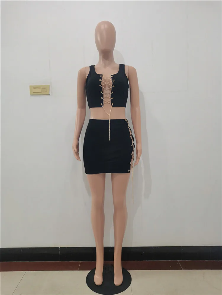 Summer 2021 New Women Fashion Sexy Bandage Chain Crop Top And Mini Skirts Two Piece Set Outfits