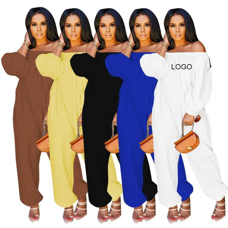 Fast Shipping Solid Color Casual Street Wear Loose Jumpsuit Hand Cuff Ankle Girdle Off-shoulder One Piece Jumpsuits