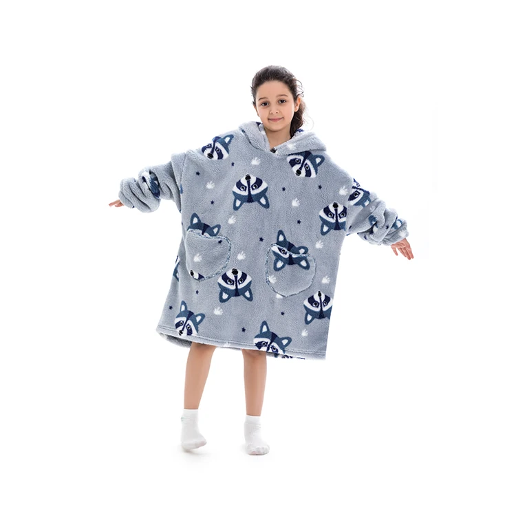 RTS multi color print custom teens super soft warm fleece sherpa pocket kids oversize hoodie blanekt