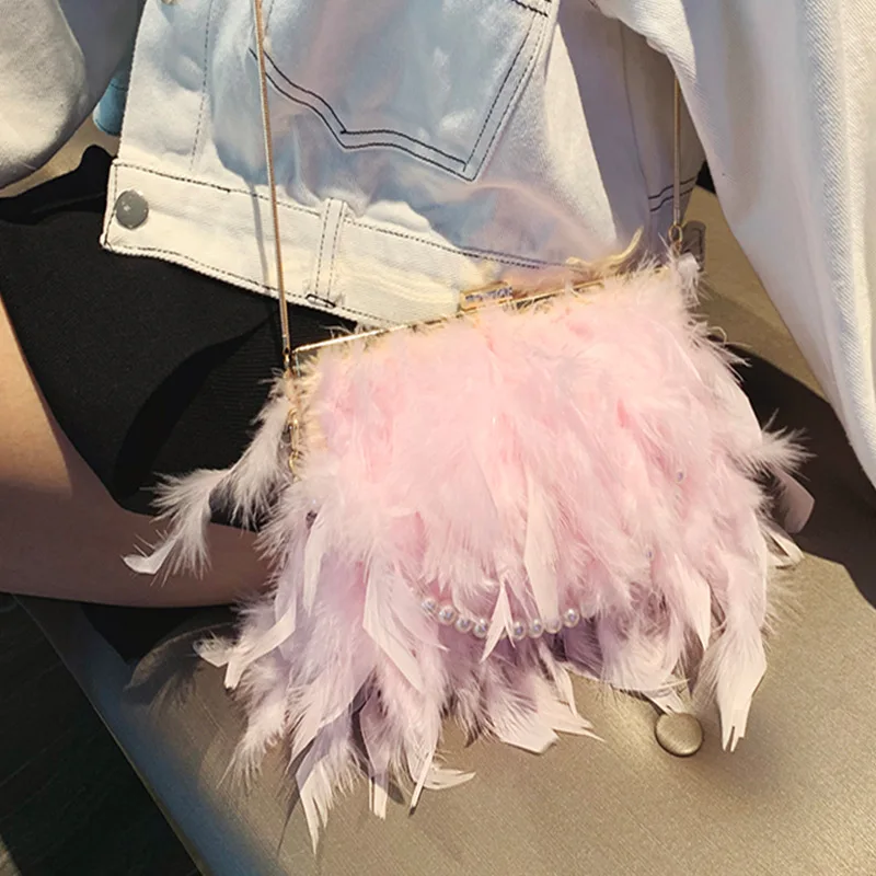 Feather hair handbag pearls chain girls fashion tote bag metal chain shoulder bag