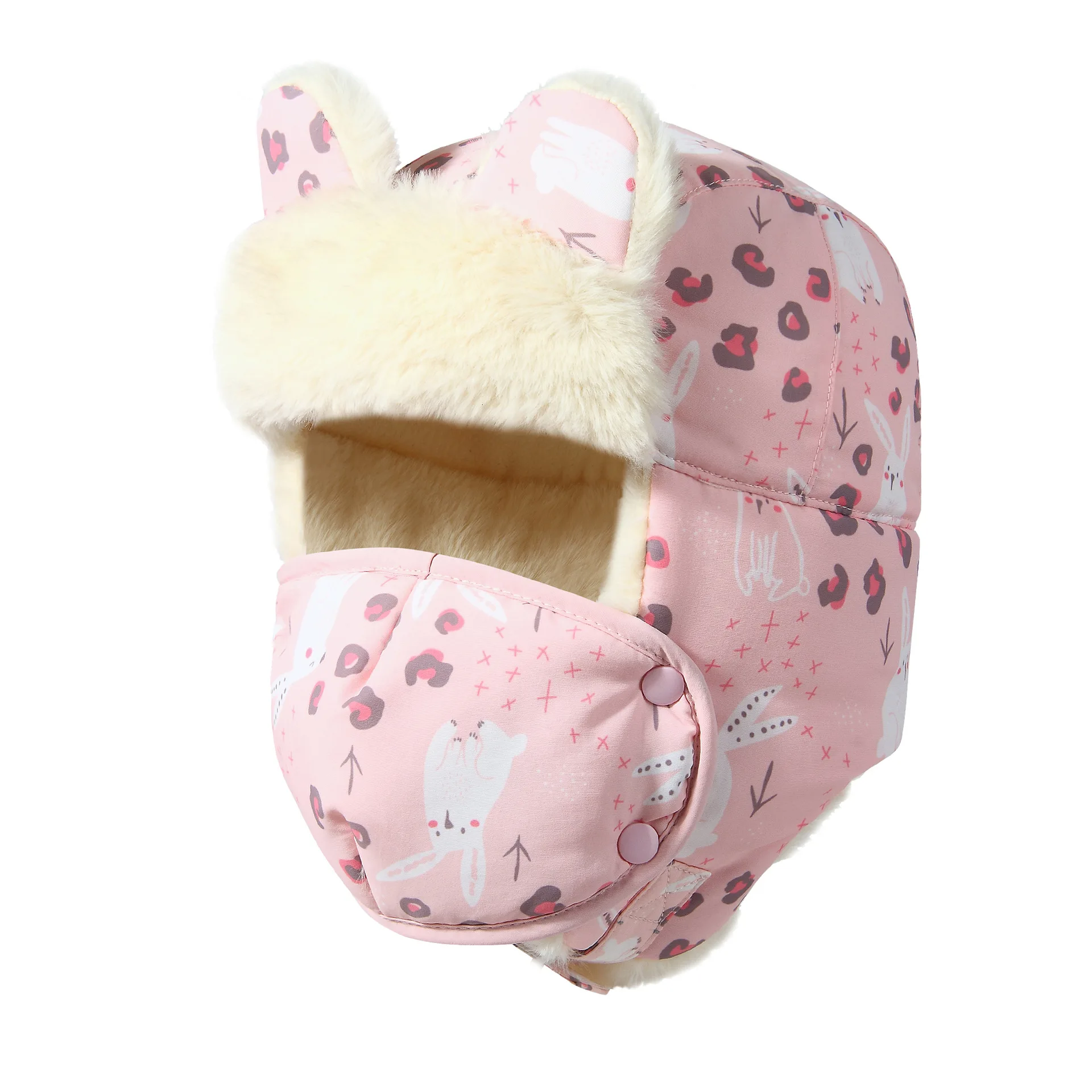 Wholesales Rabbit Kids Outdoor Winter  Furry Warm Trapper Trooper Hat Waterproof Sherpa Earflap Fur Russian Pilot Hat with Mask
