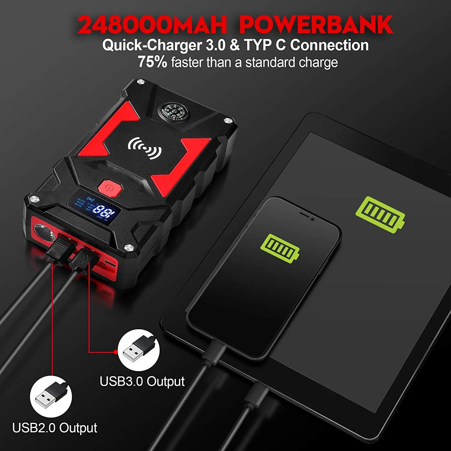 Promotion Multifunction 24800mAh 12V Mini Battery Jump Starter Wireless Charging Portable Jump Starter For Car Battery