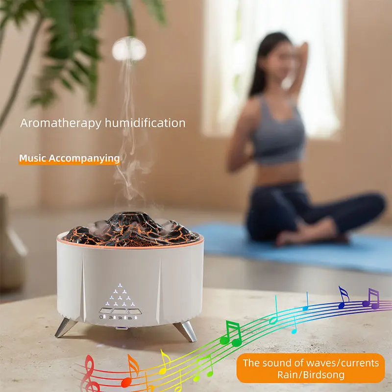 Remote Control Air Volcano Humidifier Electric Flame Simulation 3D Blue Flame Oil Aromatherapy Diffuser With Bluetooth Speaker