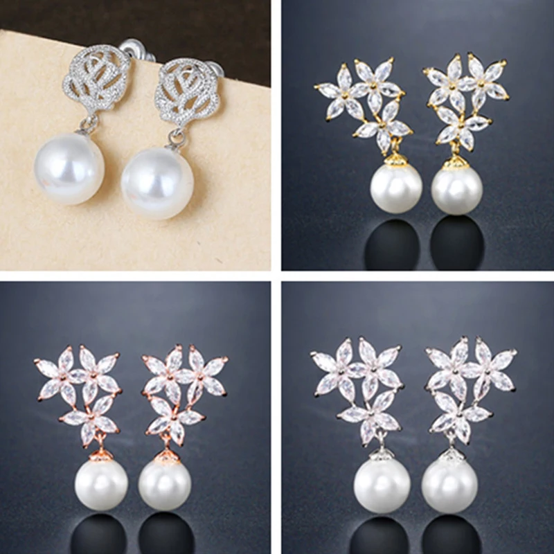 Square Austrian Cubic Zirconia Stud Earrings for Women Fashion Imitation Pearl Snow Flower Bridal Girl