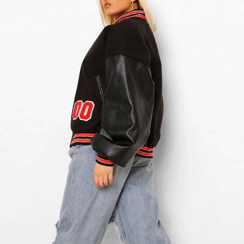 2021 Fall Women Casual Sporty Cotton Stylish Letter Embroidery Black Patchwork Long Sleeve Jackets Baseball Coat Leather Coats