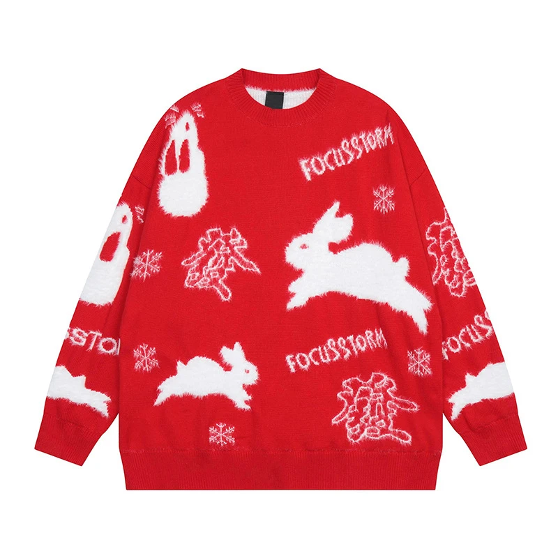 Original design rabbit print embroidery sweater crew neck lazy style pullover couple outfit loose knitted sweater for men
