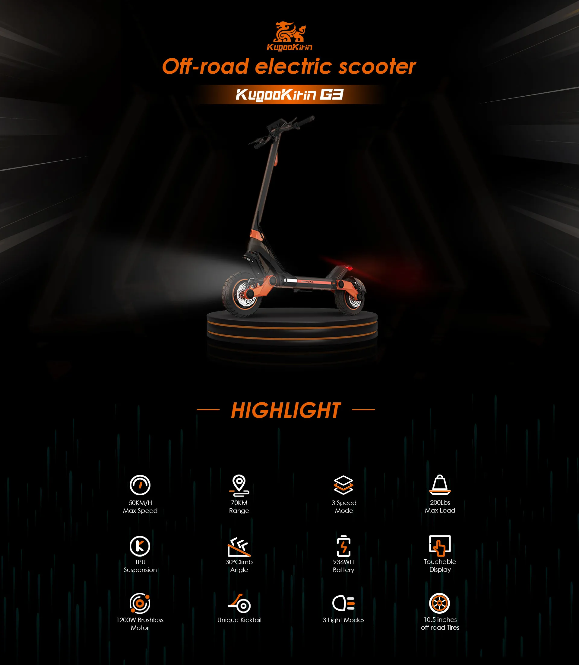 [ EU Stock ] KugooKirin G3 Adventurers Dream Electric Scooter 1200W rear motor 52V 18Ah Lithium battery touchable display