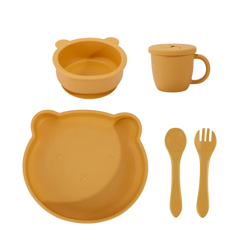Kids Suction Plate Bowl Bib Learning Cup Toddler Independent Feeding Training Soft Spoon Fork Dish Bear Feeding Set