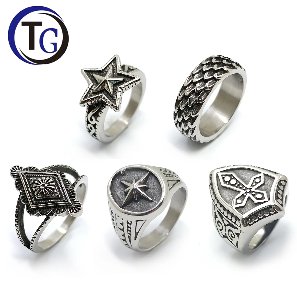 Wholesale Snake Geometry Star Signet Dragon Claws Skull Gothic Retro Vintage Fashion Burnt Silver Stainless Steel Rings for Men