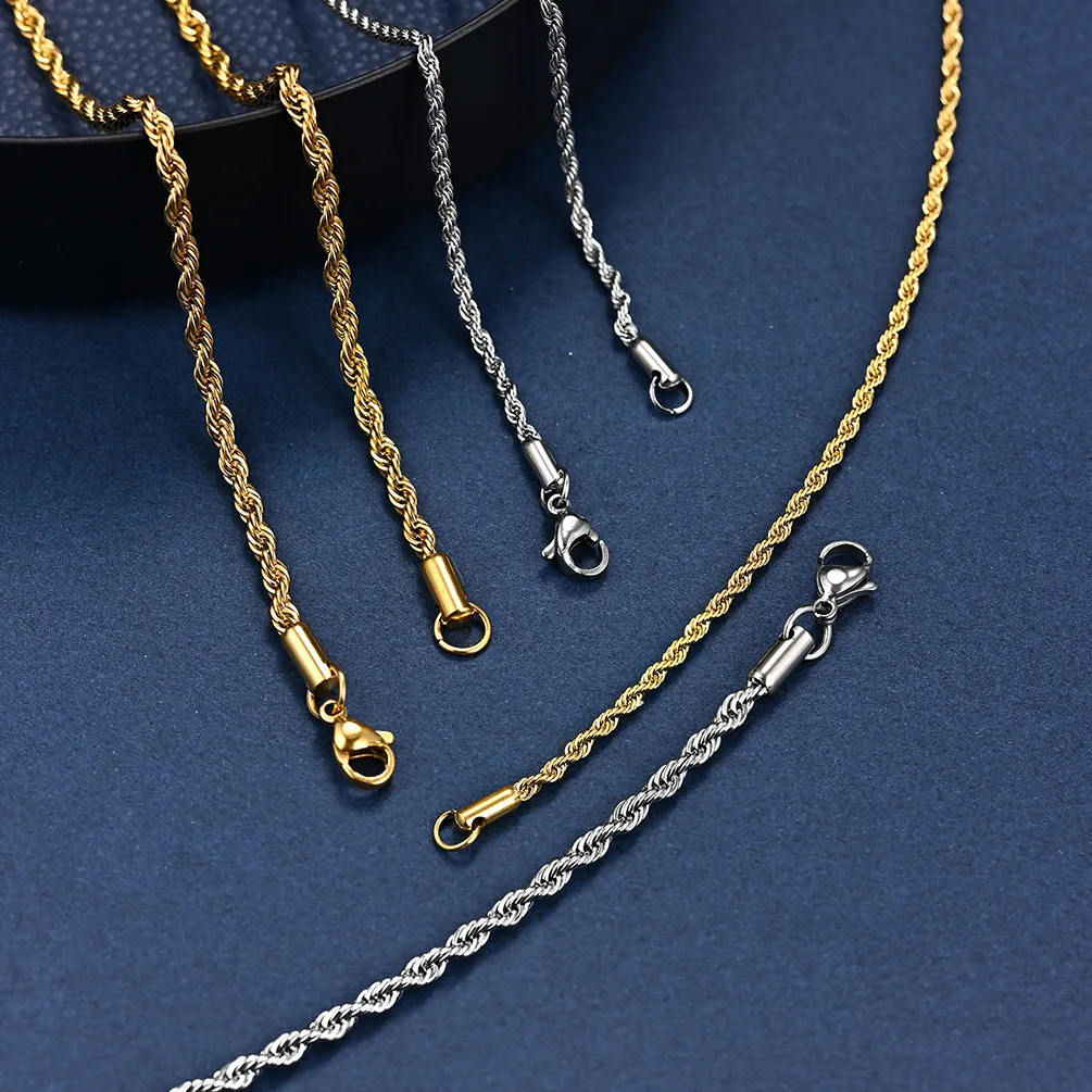 High Quality 60cm 70cm Stainless Steel Link Chain 2mm 3mm width 18K Gold Plated Twist Chain Necklace Chain