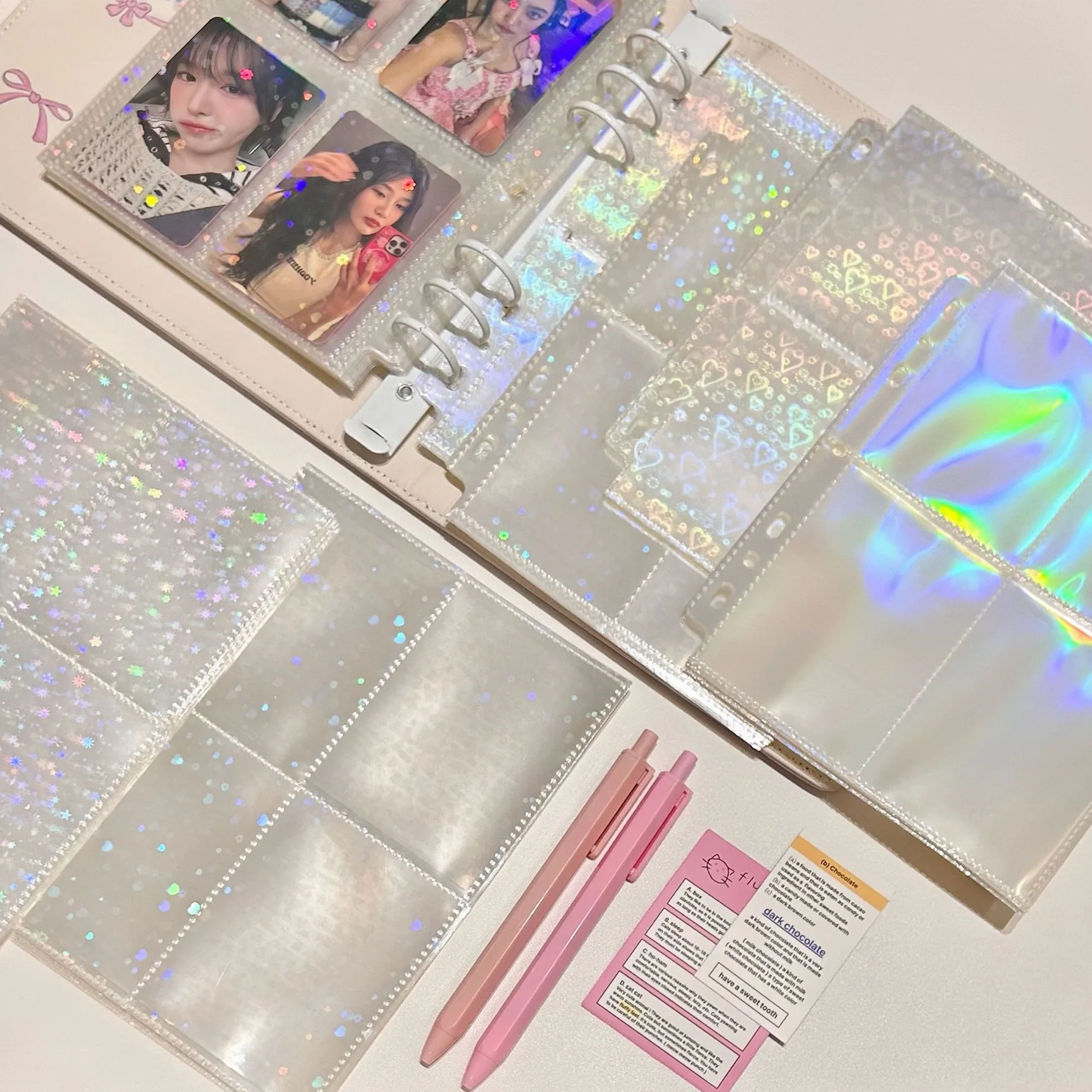 A5 Binder 4 Pockets10pcs Photo Card Sleeves Trading Card Sleeves 7 Ring for Cards Photos