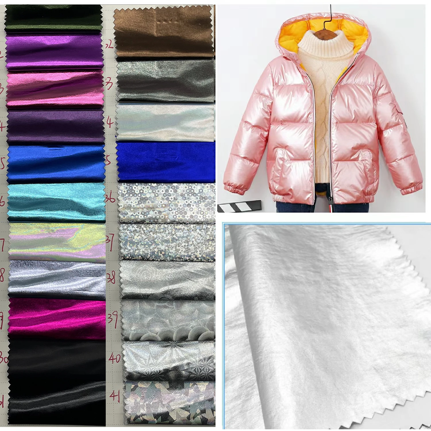 Metallic Foil color shiny glossy coating woven non stretch polyester waterproof fabric for bag Glitter Fabric for coat, jacket