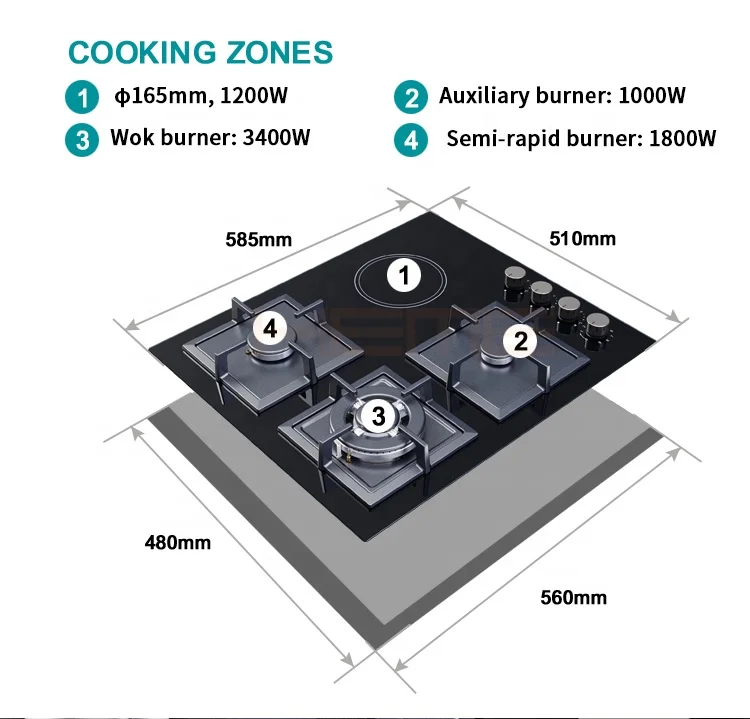 Professional Manufacturer New Design Home Kitchen 4 Fast Heating Zones Gas-Ceramic Combined Stove