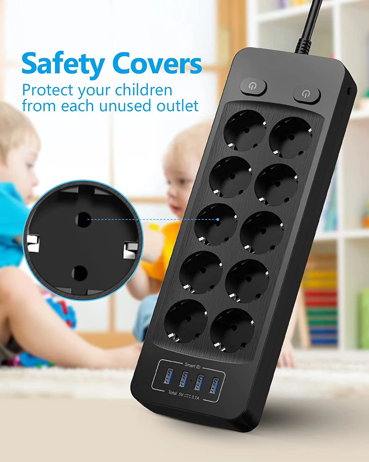 2500W 10A Power Strip Switch EU Plug Sockets With 2M Extension Cord Surge Protector 10 AC Outlets 4 USB Charging