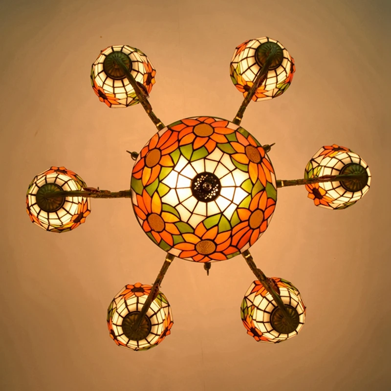 Sun Flower Glass Light Retro Chandeliers 8 Stained Shade Kitchen Island Pendant Lamp Style Lamps Pictures Lampade Tiffany