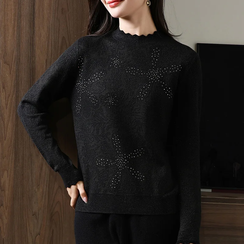 Bright Silk Sunflower Diamond Lace Collar Small Shirt 24 Autumn and Winter New Worsted Wool Ladies Knitted Blouse
