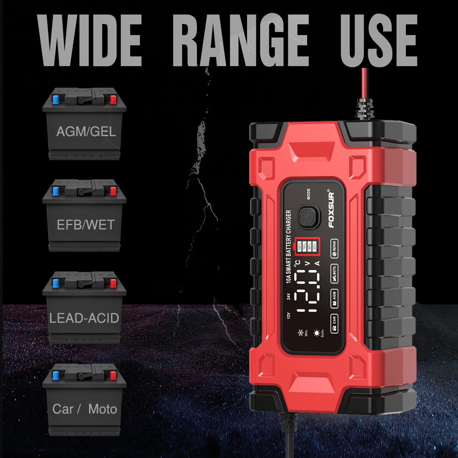 12V 10A/24V 5A Car Battery Charger Automatic Smart Fast Charger Use For Car Motorcycle Truck AGM Deepcycle GEL Lead-Acid Battery