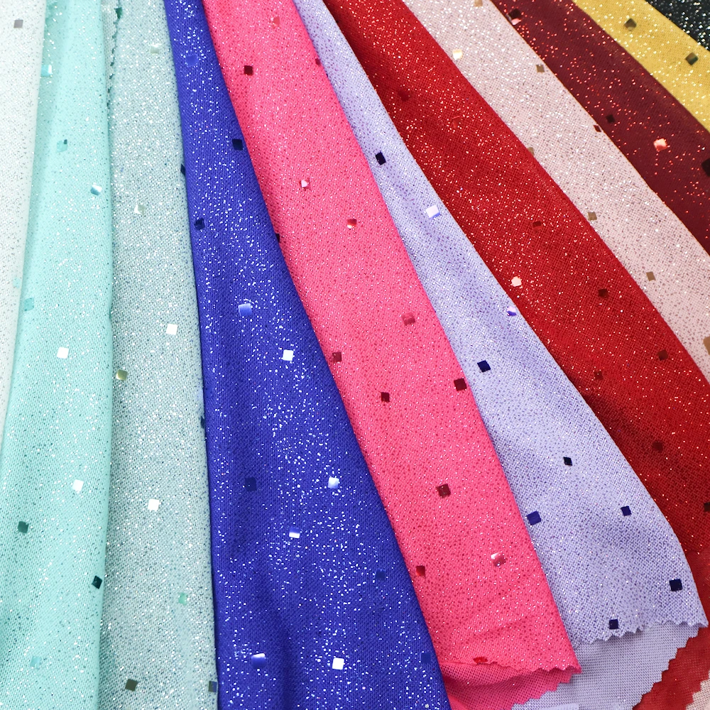 Custom high quality glitter glitter powder dyed lace fabric with sequins 100 polyester garment skirt fabric