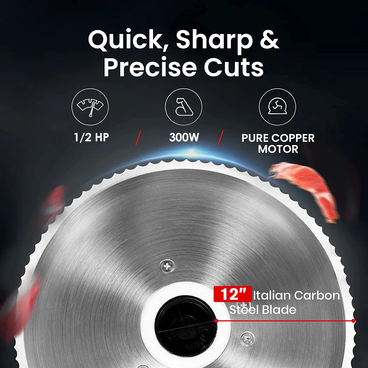 Premium Commercial Slicer 12', 300w, 1/2 HP Electric Meat Slicer, Italian Carbon Steel Blade, Quiet Performance