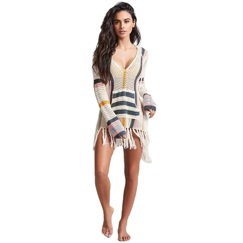 
Women Beach Shirt Dress Knitted Tassel Bikini Outer V-Neck Blouse Holiday Beach Women Clothing 