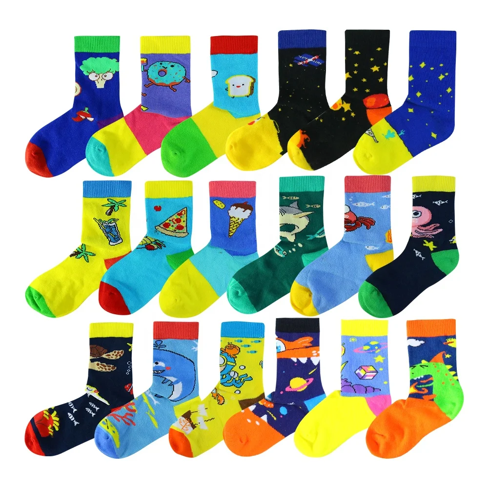 Oem wholesale custom design children cute  socks 100% cotton school teen boy jacquard kids cartoon crew sock