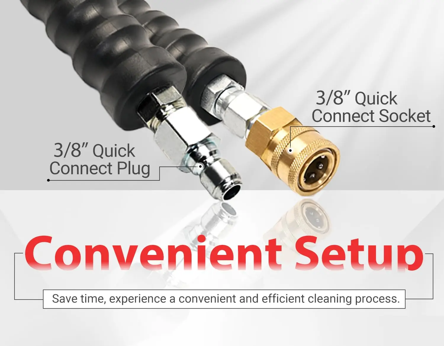 Commercial Grade Heat-Resistant Pressure Hose, quick connectors, steel-reinforced, anti-kinking rubber sheathing.